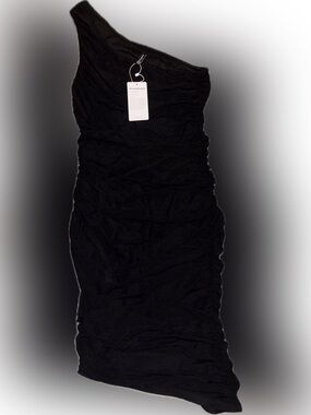 NWT One Shoulder Assymetrical Black Ruched Bodycon Dress